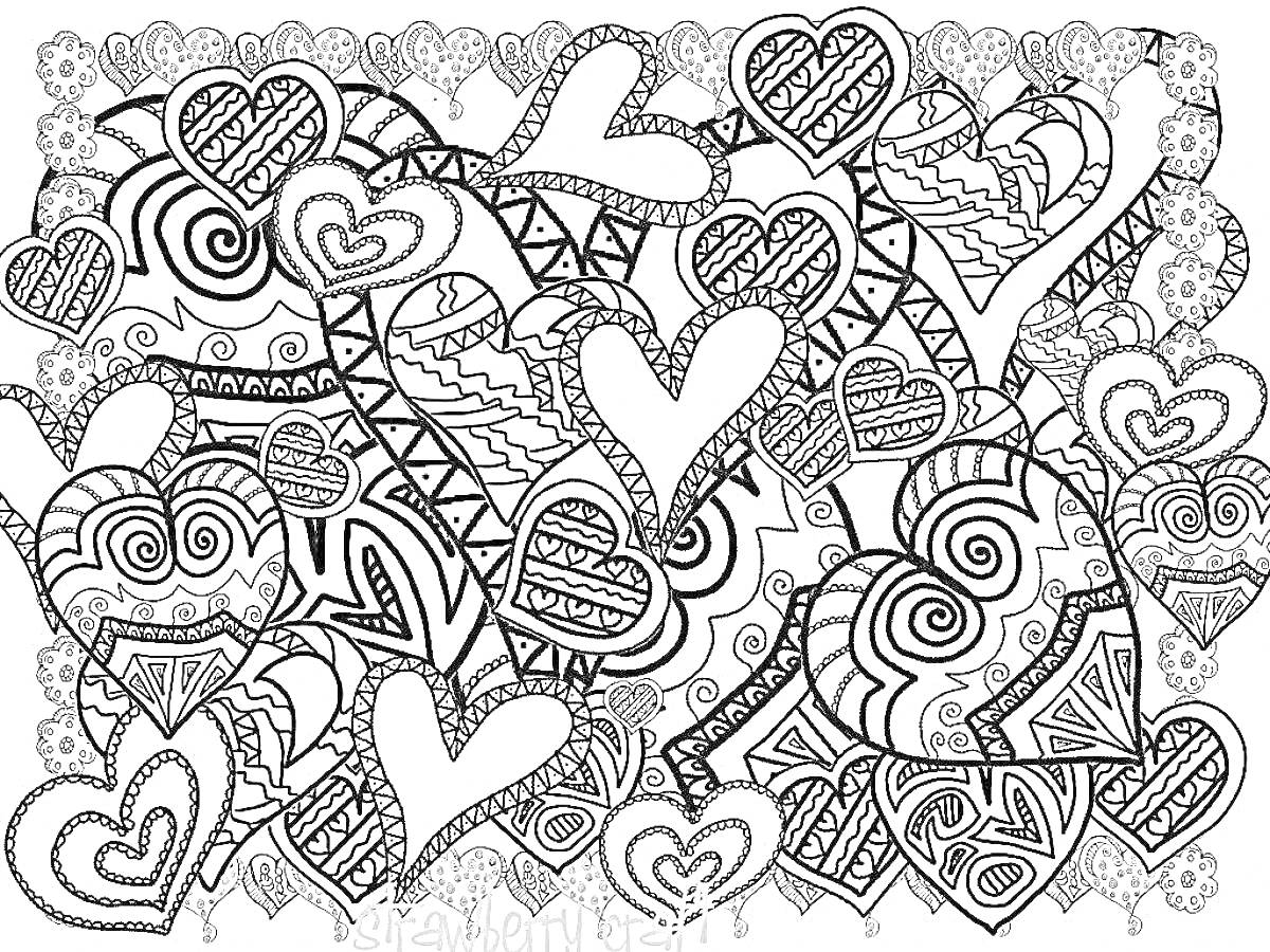 Раскраска Сердца с абстрактными узорами, рамка с кружочками