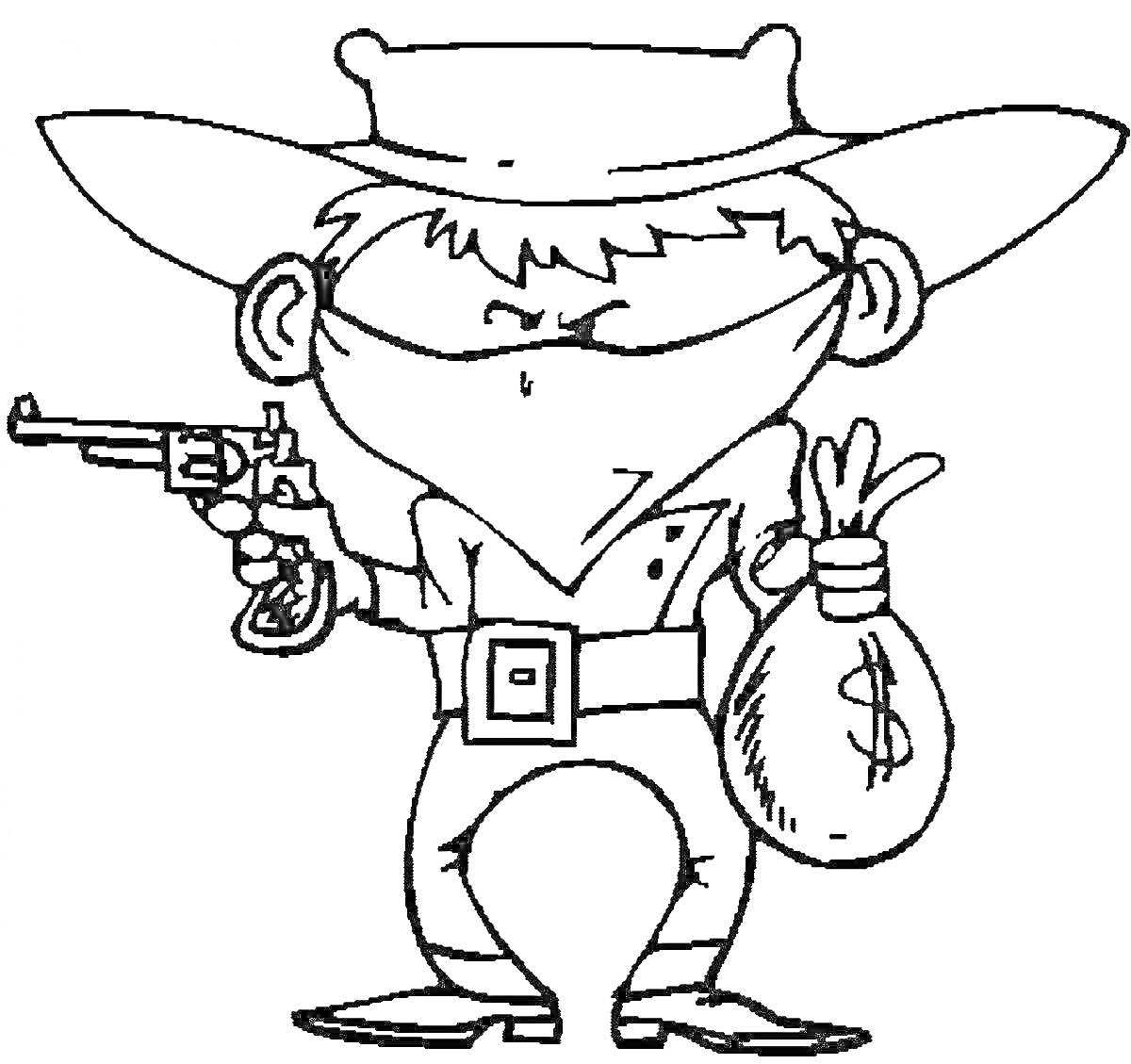 На раскраске изображено: Вор, Шляпа, Пистолет, Мешок с деньгами, Бандит, Маска