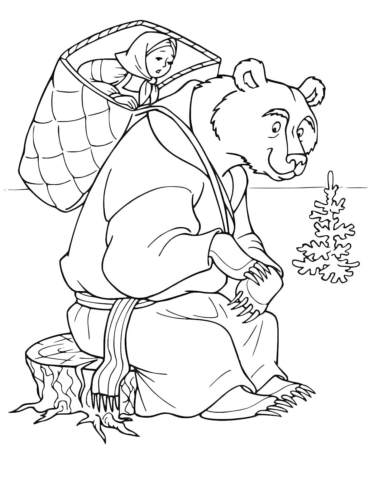 Раскраска Девочка в корзине на спине у медведя, белка на пеньке и ёлка