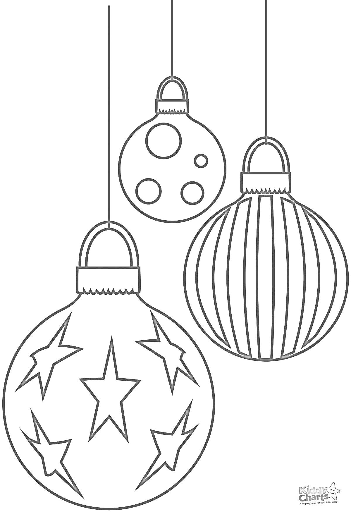 Раскраска Три новогодних шарика - один с полосками, один с кругами, один со звездами