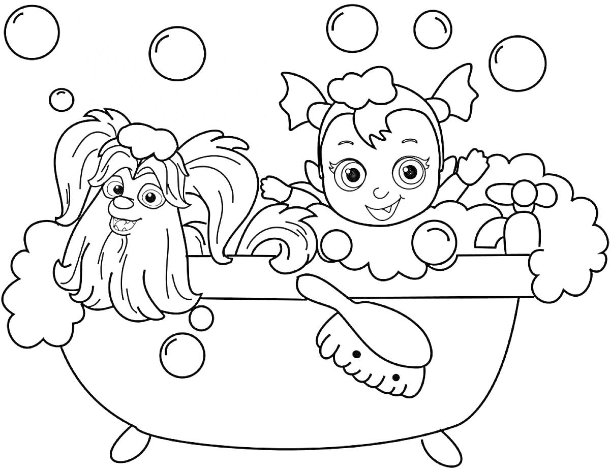 Раскраска Вампирина и ее друг в ванне с мыльной пеной и пузырьками