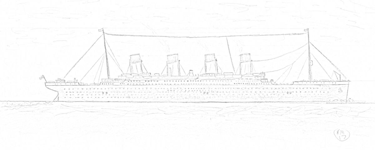 На раскраске изображено: Корабль, Титаник, Дымовые трубы, Вода, Парусное судно