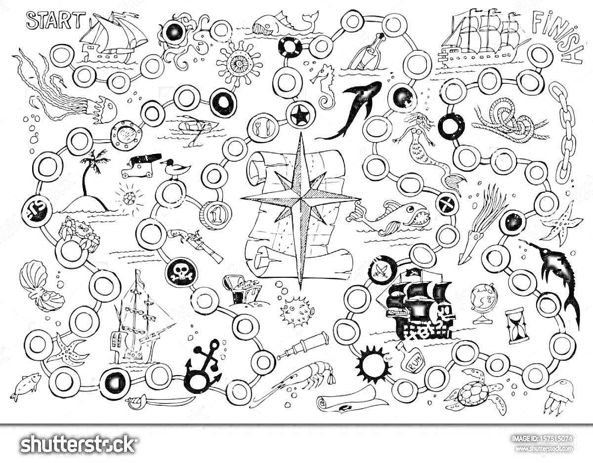 Раскраска Игра-ходилка с пиратской тематикой, изображены пиратские корабли, карта, компас, сундуки с сокровищами, подводные существа, морские звезды, раковины, черепа, якоря, пираты, цепи, скелеты рыб.