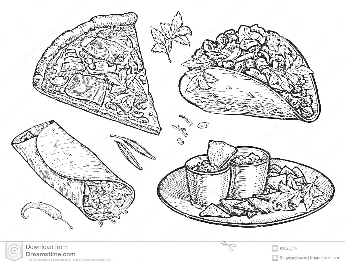Раскраска Лаваш с добавлением пиццы, тако, буррито, начос с соусами и перцем
