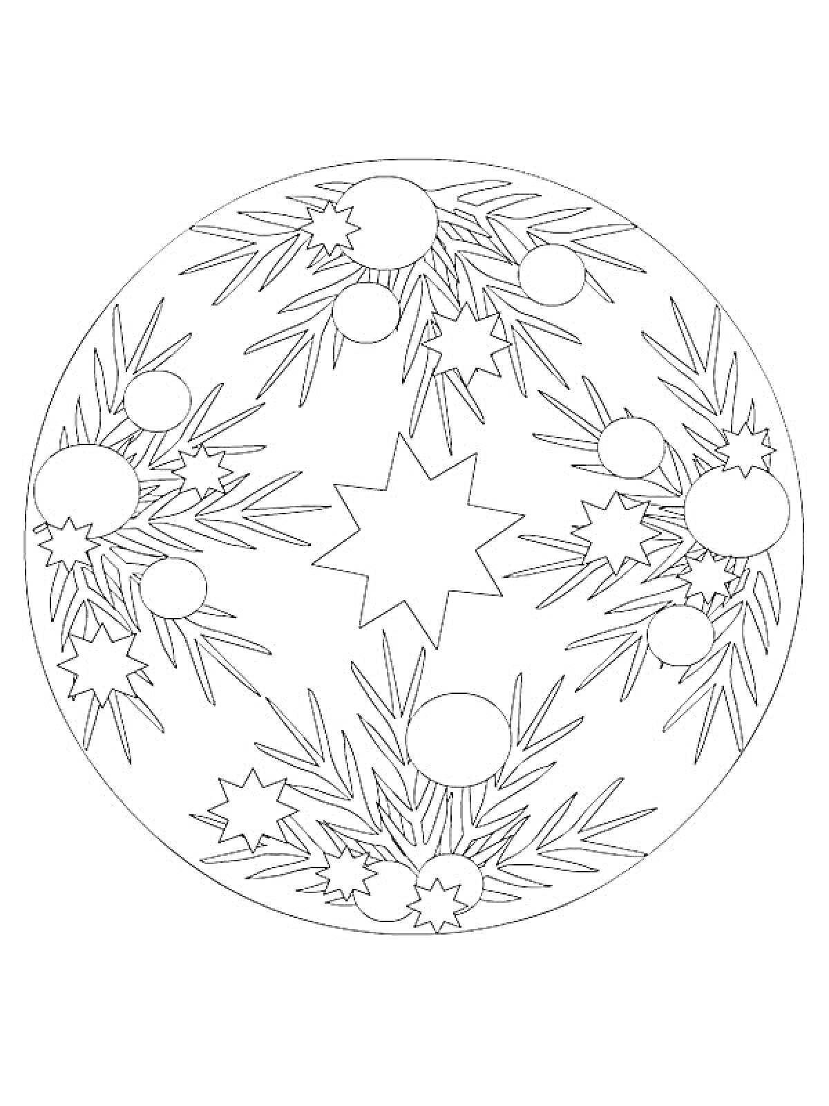 Раскраска Новогодняя мандала с еловыми ветками, шарами и снежинками