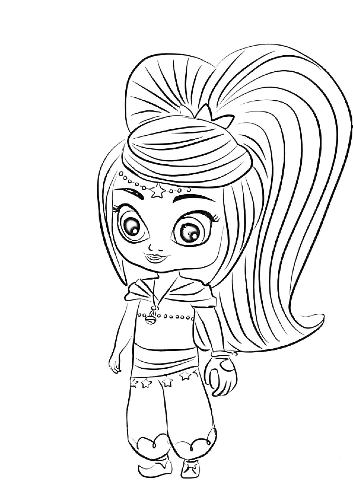 Девочка с длинными волосами, в кофте с длинными рукавами и кулоном, брюки и туфли, мультфильм 