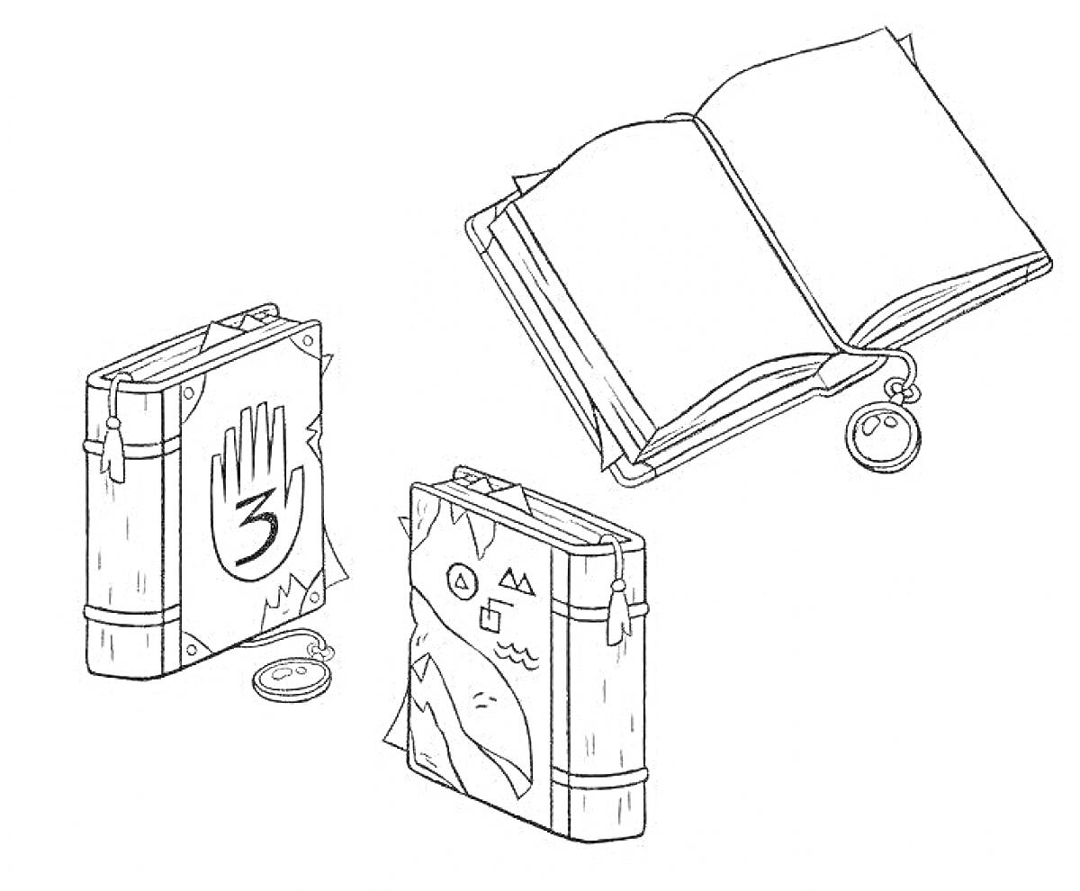 Раскраска Дневник с символом руки, дневник с пририсованными горами и значками, открытый дневник с кольцом закладки