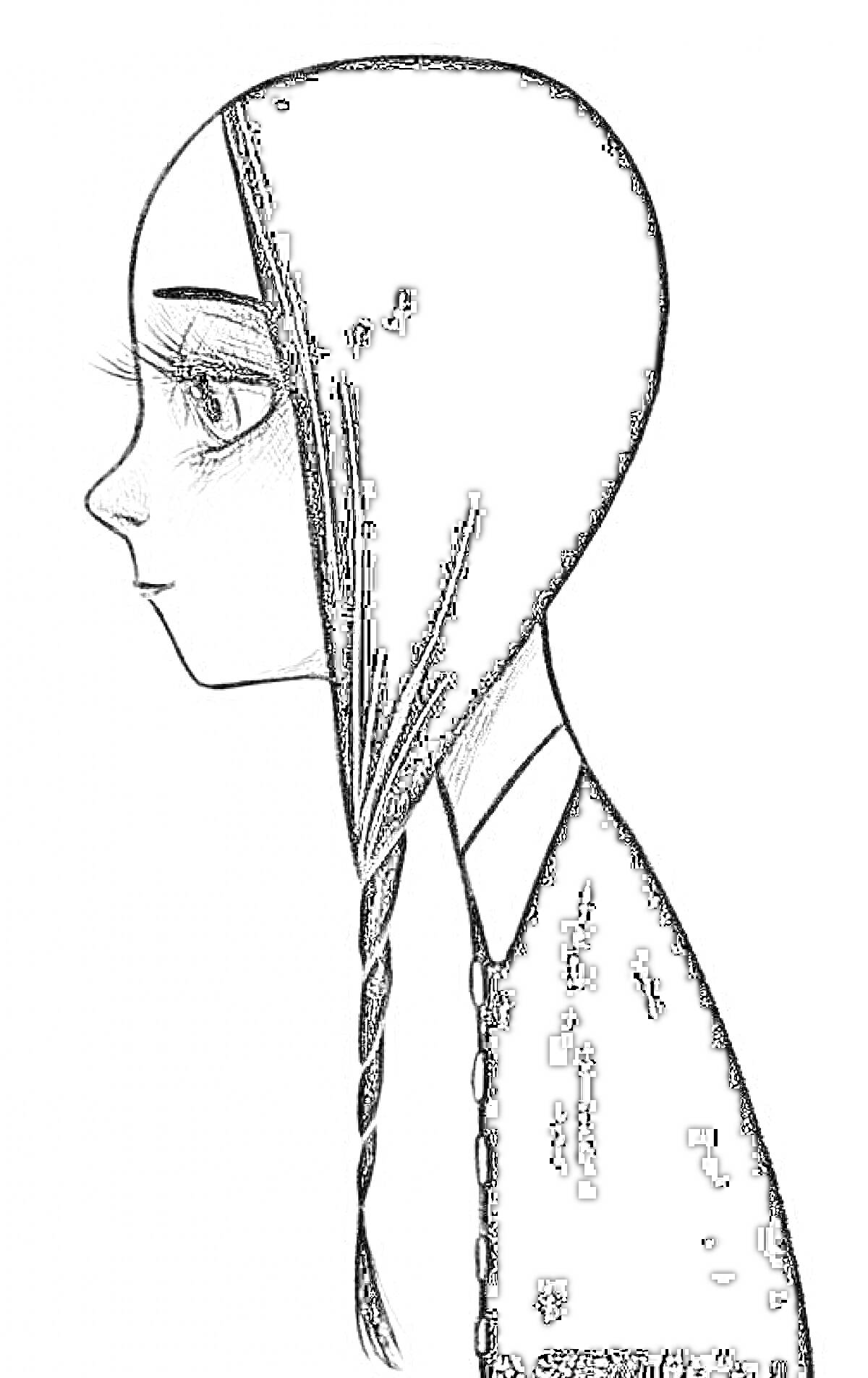 Раскраска Профиль Венсдей с двумя косами, с длинными ресницами и в черном платье