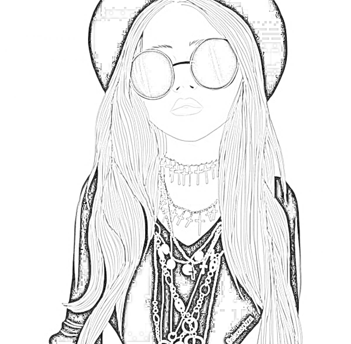 Раскраска Девочка в шляпе и солнцезащитных очках с длинными волосами, в круглых очках и с множеством ожерелий на шее