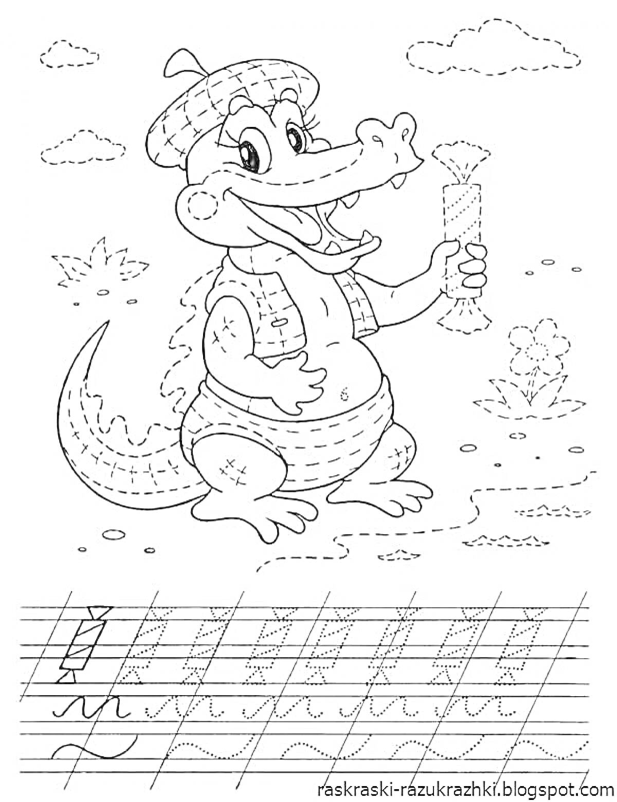 Раскраска Крокодил в беретке и жилете с мороженым, прописи для детей с буквой 