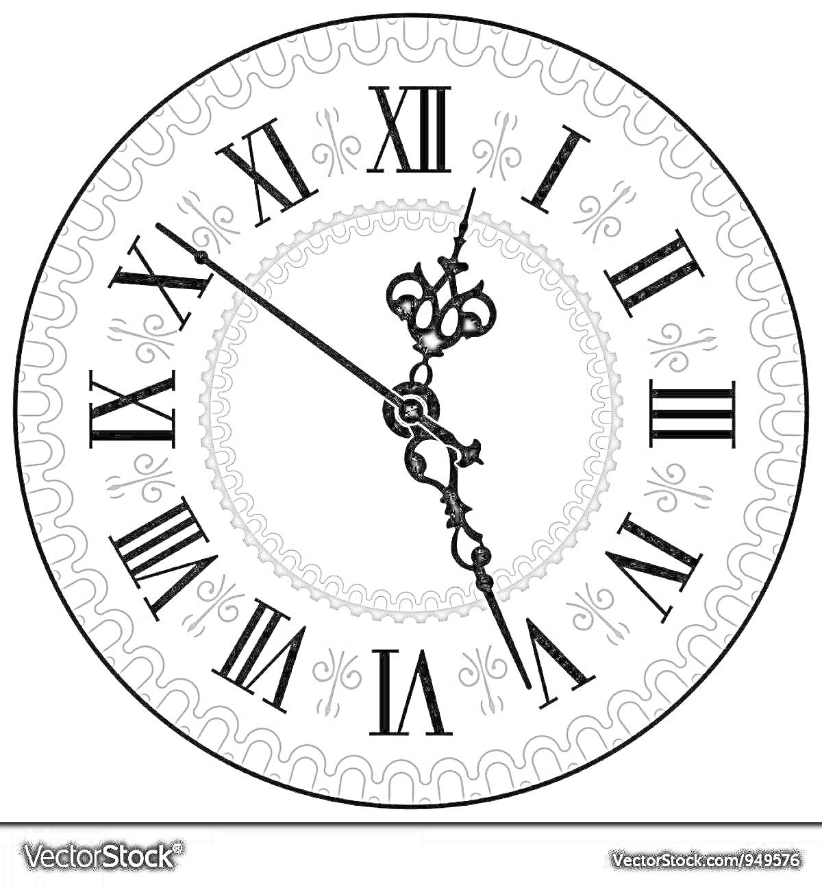 На раскраске изображено: Часы, Циферблат, Римские цифры, Время, Стрелки, Декоративная рамка