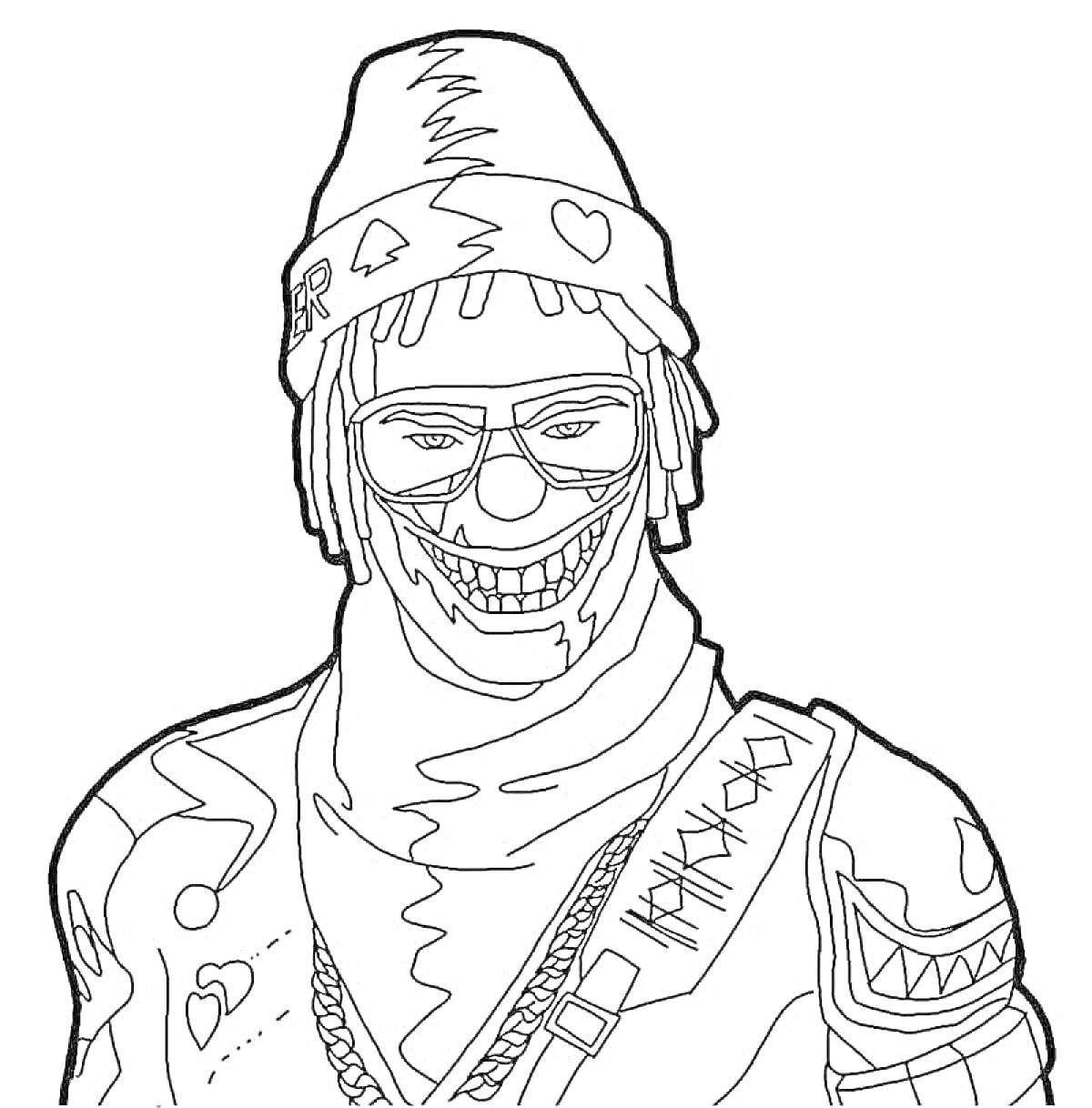 Раскраска Персонаж Free Fire в шапке с узором, очках и маске с улыбающимся рисунком