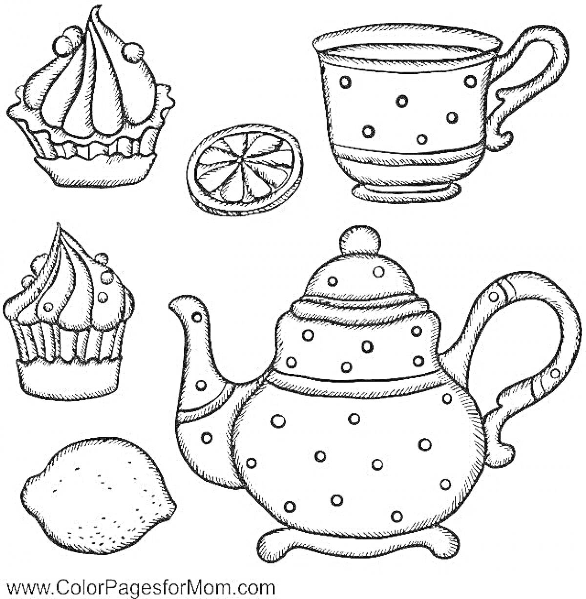 На раскраске изображено: Чайный сервиз, Кекс, Лимон, Для детей, Кружки, Чайники