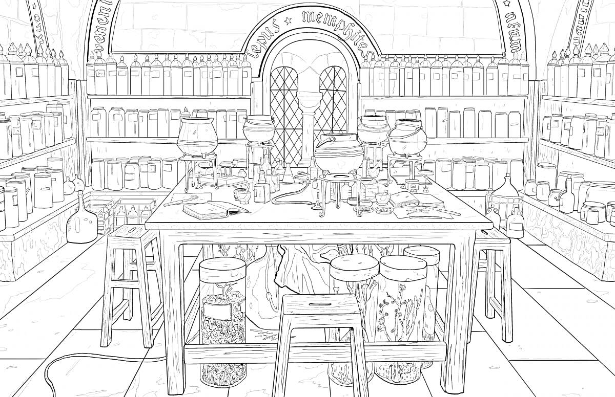 Раскраска Класс зельеварения в Хогвартсе с полками, столами, котлами и ингредиентами для зелий