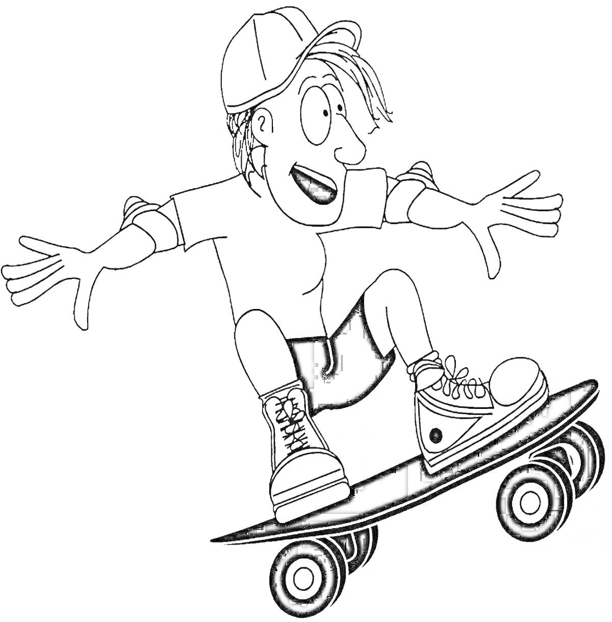 На раскраске изображено: Девочка, Бейсболка, Спорт, Катание, Активность, Веселье