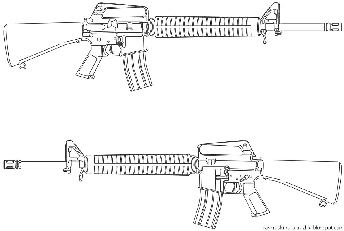 Раскраска Раскраска винтовки M4A1 с прикладом, рукояткой, прицелом, стволом и магазином