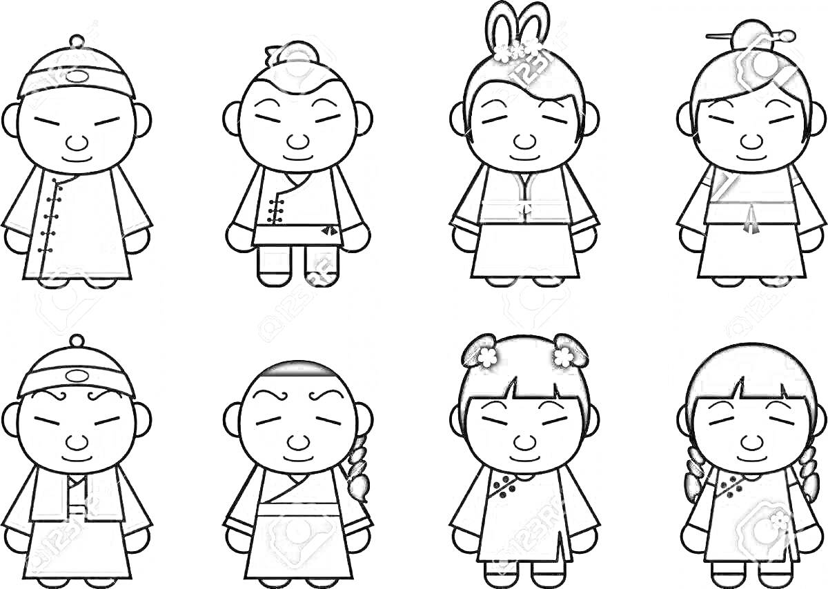 Раскраска Восемь нарисованных фигур в китайской традиционной одежде