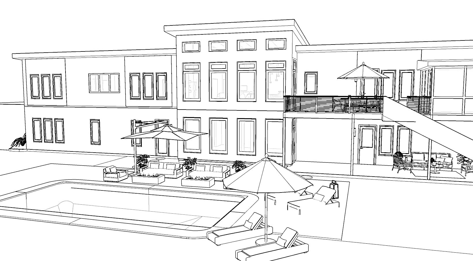 Раскраска Современный двухэтажный дом с террасой, бассейном, зонтиками, лежаками и уличной мебелью