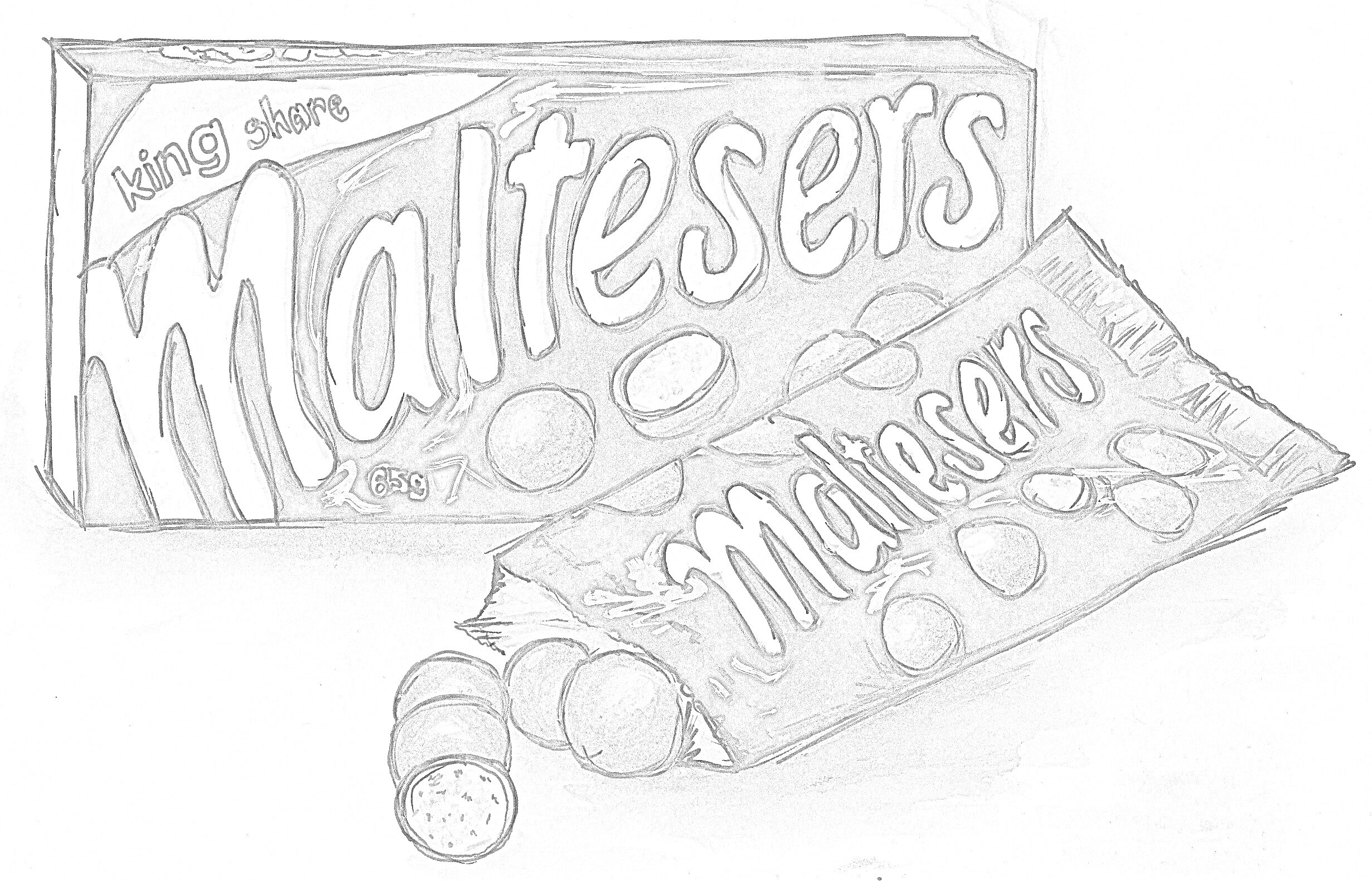 Раскраска Две упаковки конфет Maltesers и несколько конфет вокруг