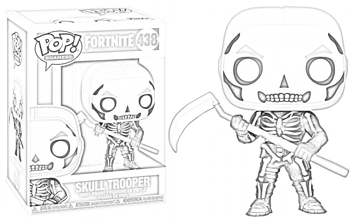 Раскраска Funko Pop Fortnite №438 Skull Trooper - фигурка в скелетном костюме с косой в черно-белых тонах