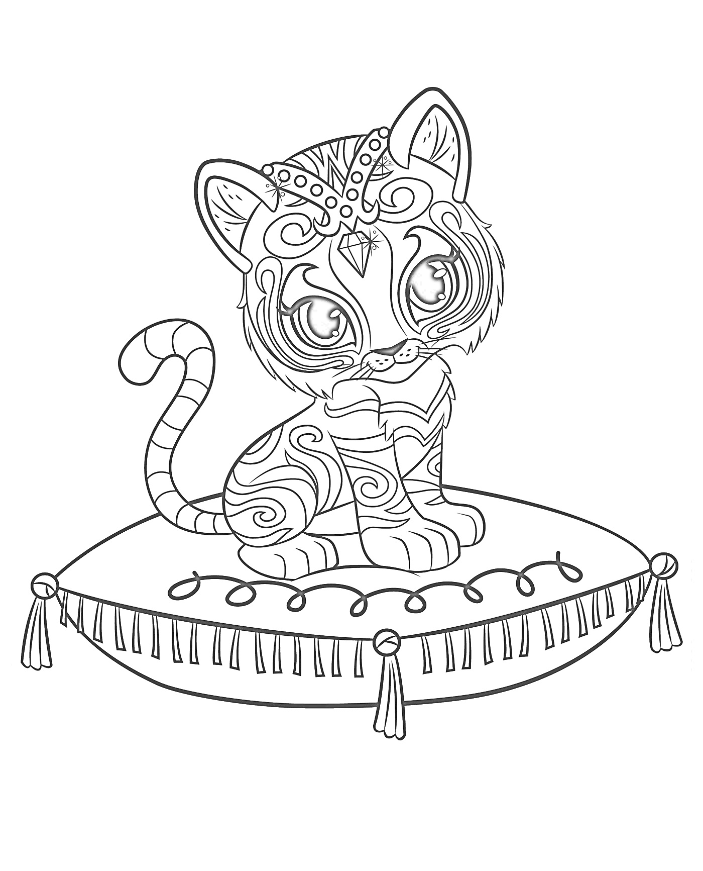 Раскраска Тигрёнок на подушке с кисточками и узорами