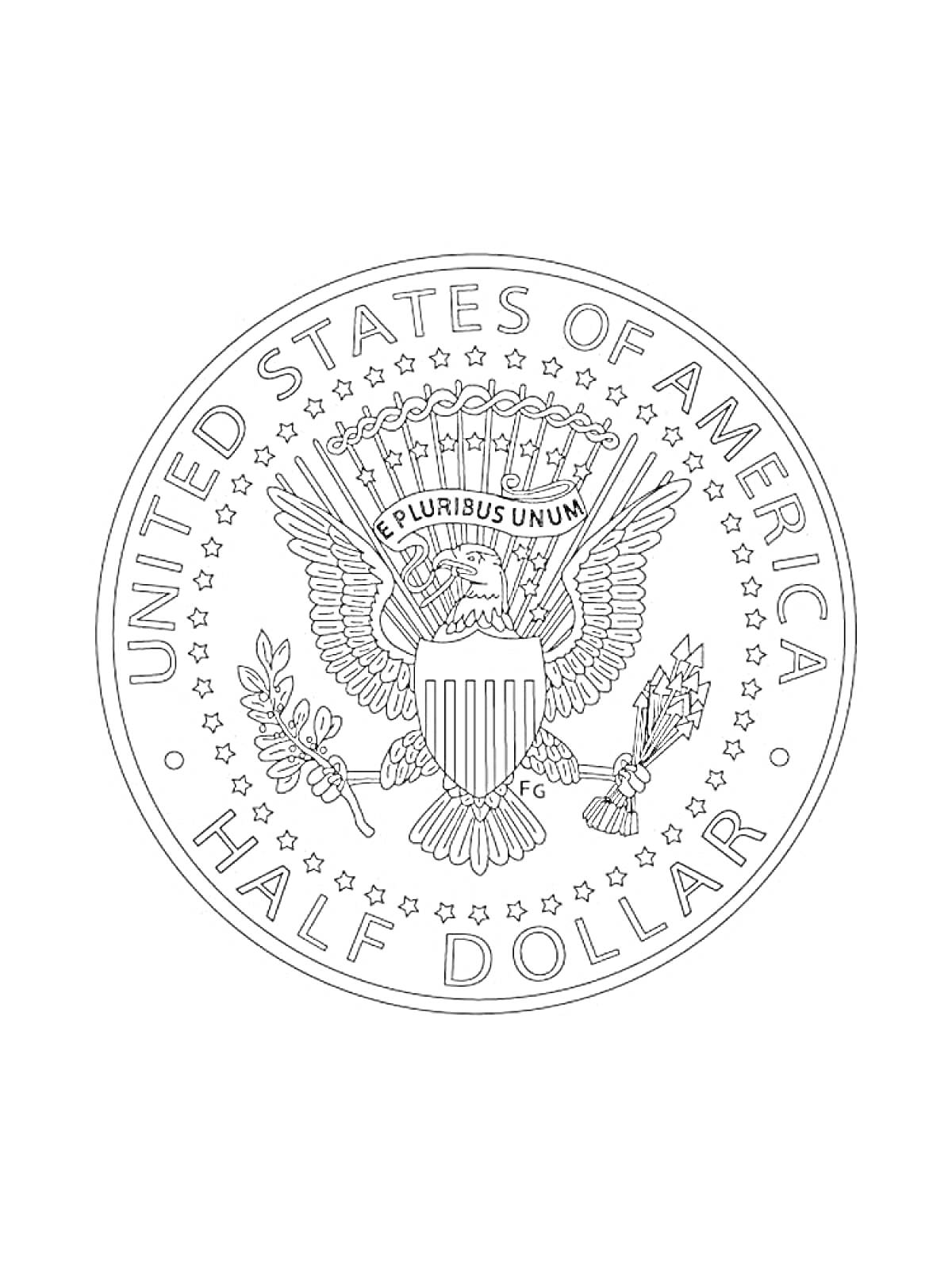 На раскраске изображено: США, Орел, Деньги, Звезды, Монеты, Стрела, Герб России, Лавровые ветви