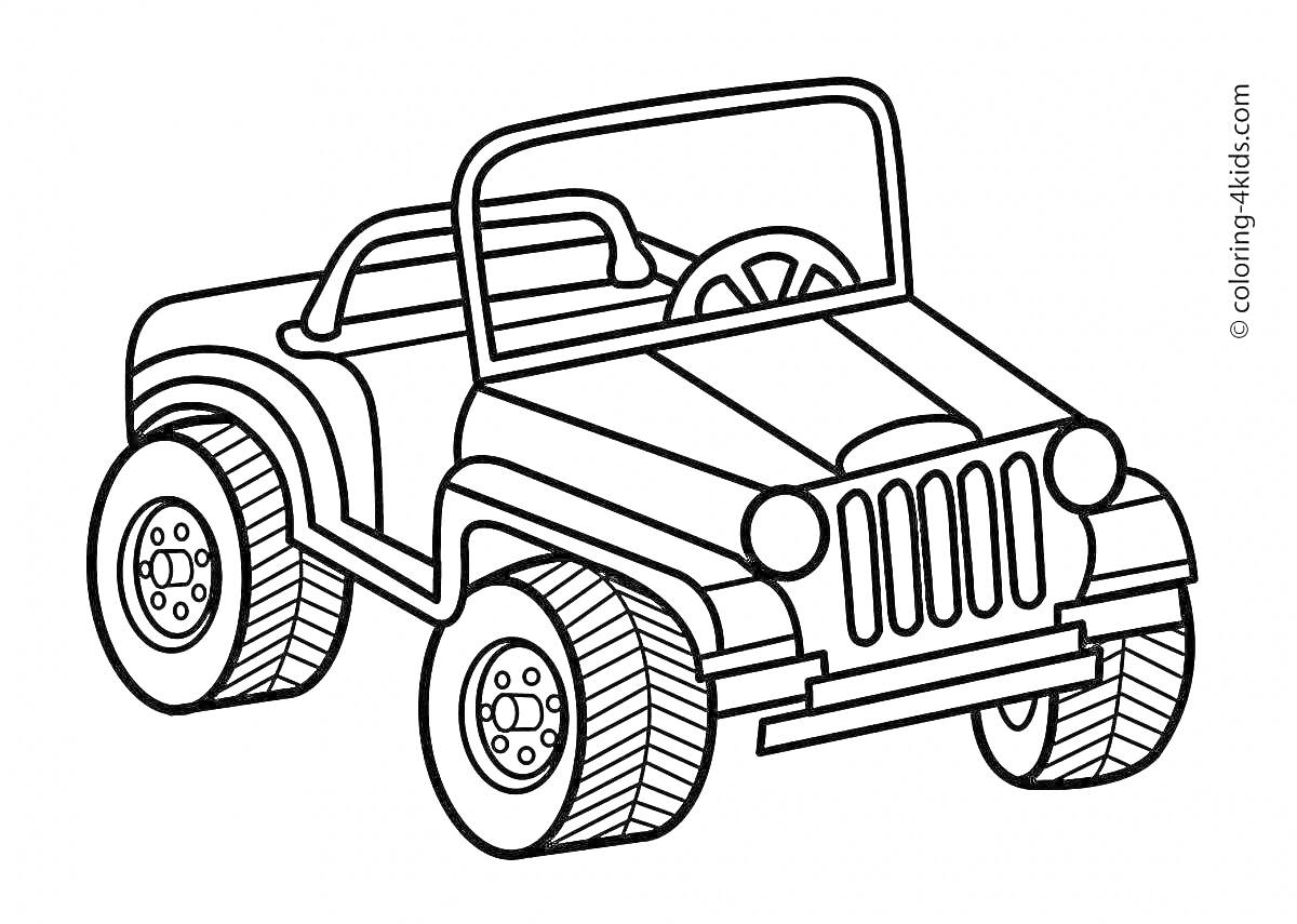На раскраске изображено: Джип, Транспорт, Большие колеса, Крыша, Для детей, Авто