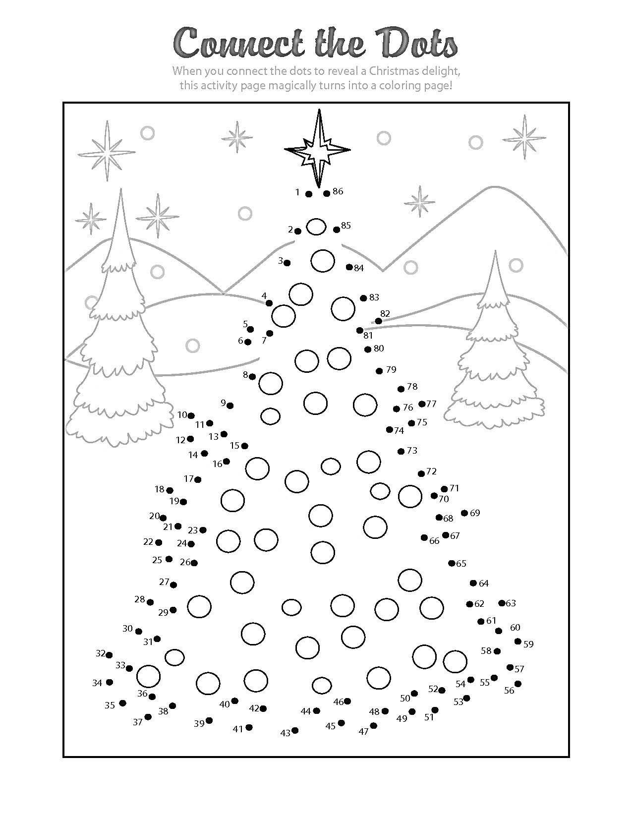 Раскраска елка по номерам с шарами, звездой на верхушке, холмами и двумя елками на фоне