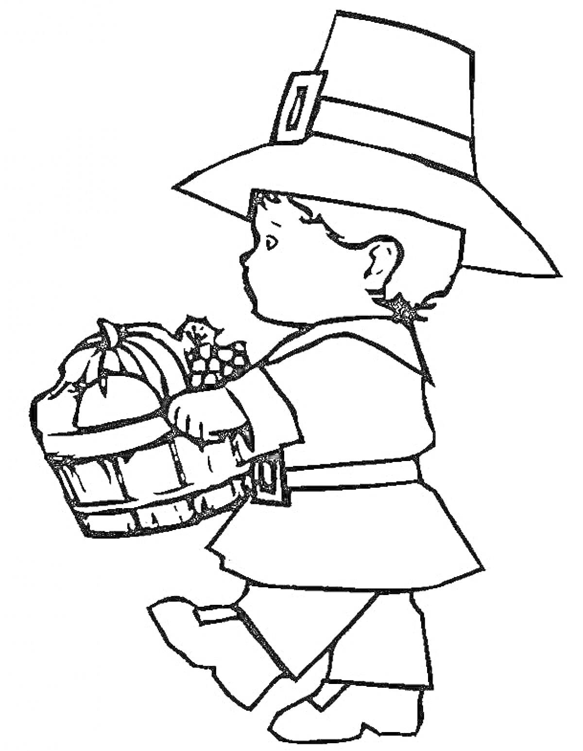 Раскраска Мальчик в шляпе с корзиной фруктов, тыквой и кукурузой