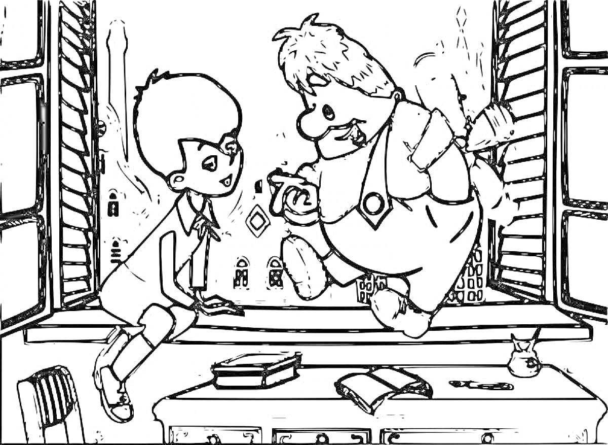 Раскраска Мальчик и человек с пропеллером на спине на подоконнике, открытое окно, стол с книгами и тетрадями, кот
