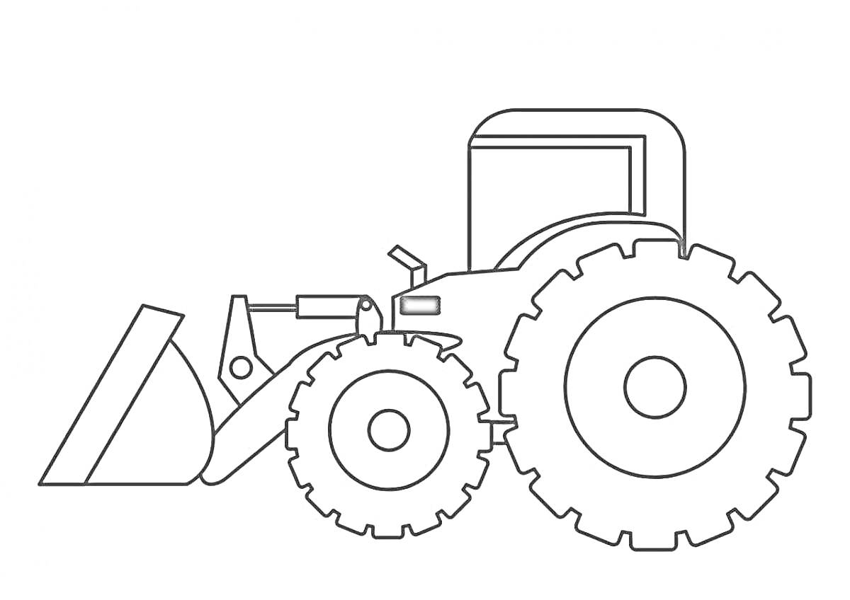 РаскраскаТрактор с ковшом, два крупных задних колеса, одно переднее колесо, кабина водителя
