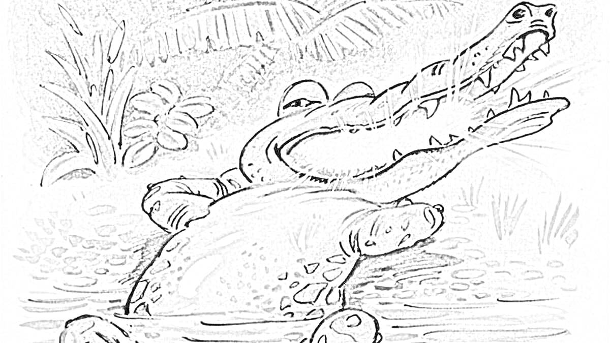 На раскраске изображено: Чуковский, Краденое солнце, Крокодил, Вода, Пасть, Брызги, Тропические растения, Иллюстрация