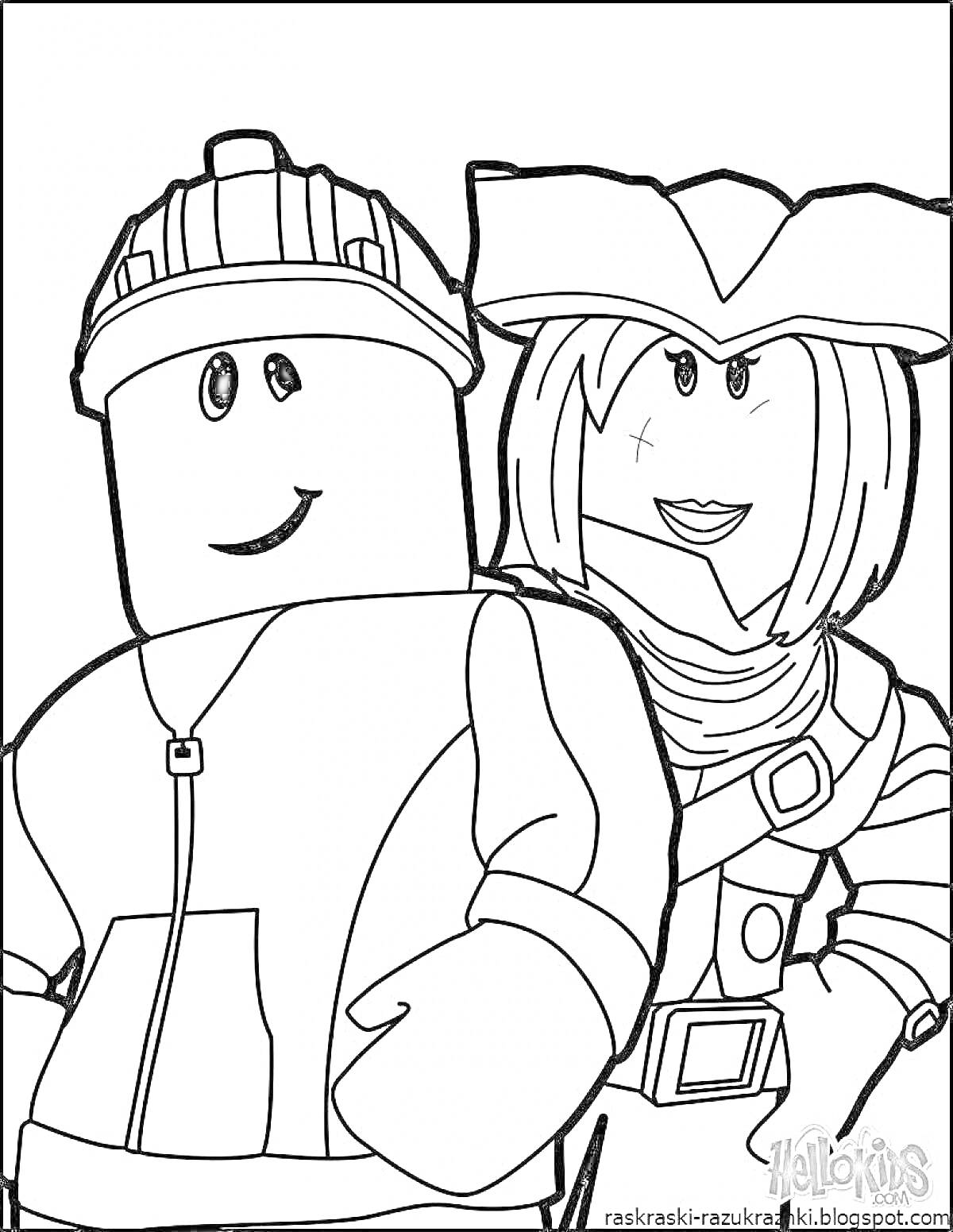 Раскраска Два персонажа из Roblox - строитель в каске и пиратка