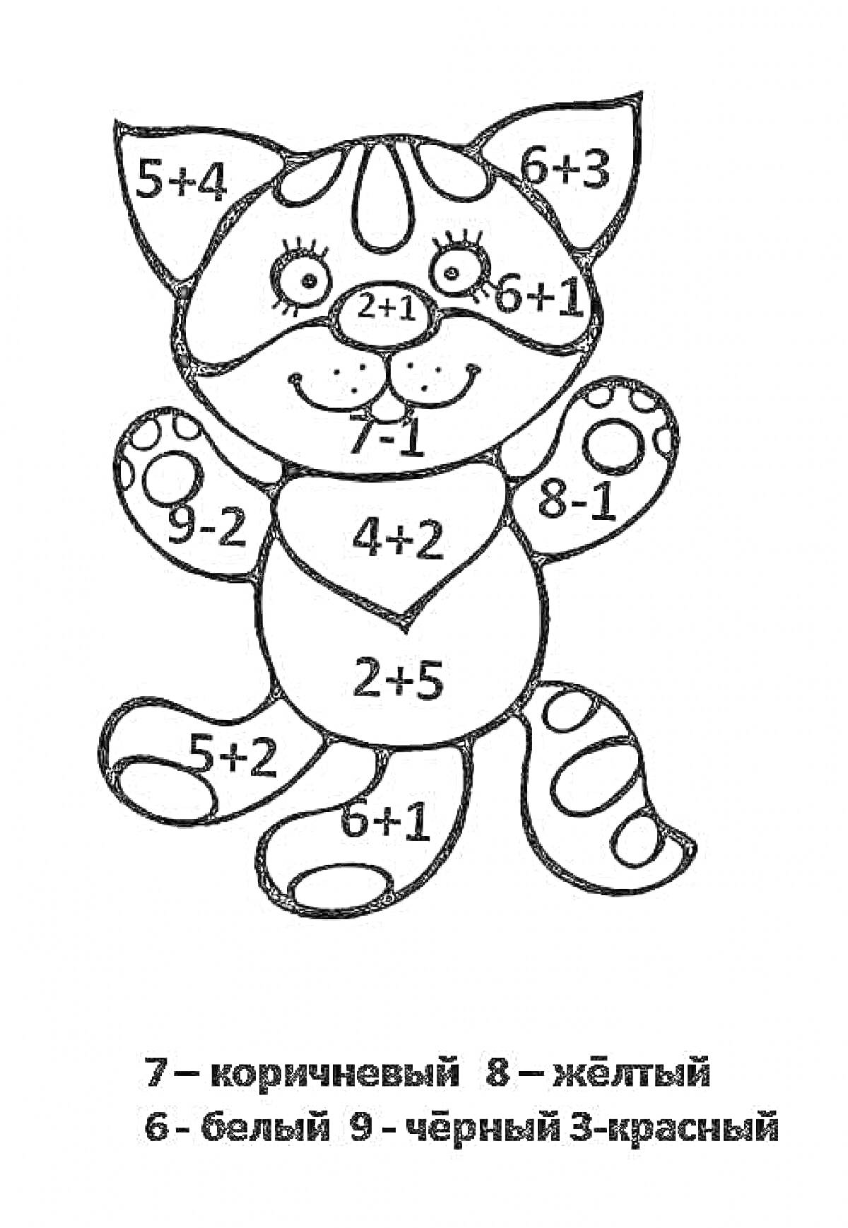 На раскраске изображено: Кот, Математика, Примеры, 1 класс, По номерам, Школьные задания