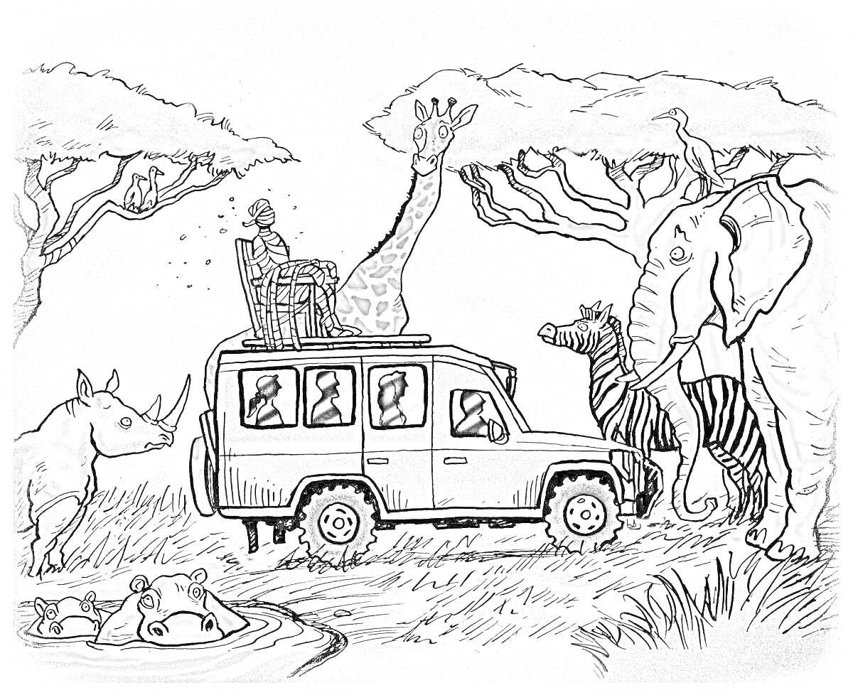 Раскраска Джип с туристами на сафари в окружении животных: жираф, слон, зебры, носорог, фламинго, бегемоты в воде