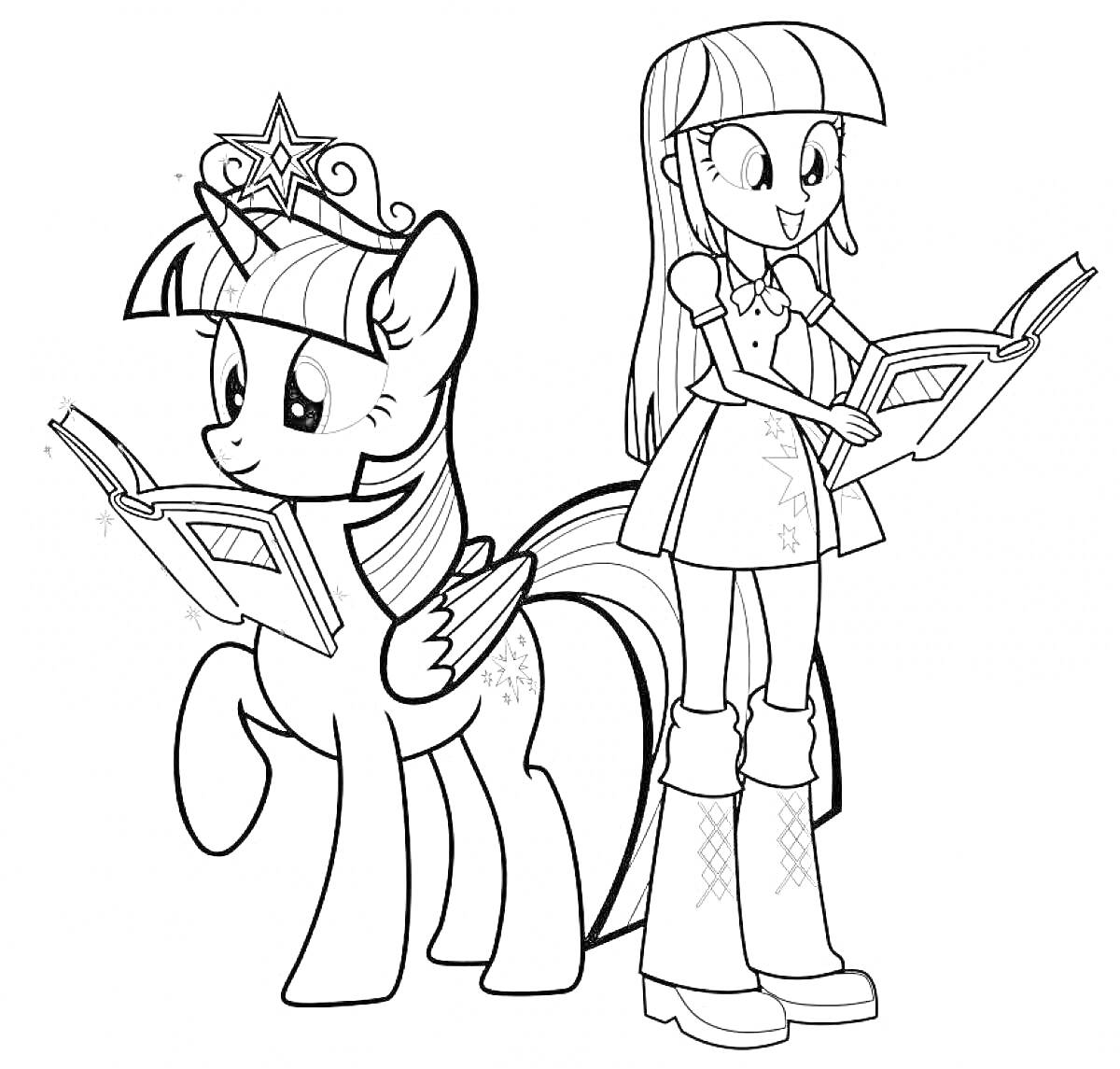 Раскраска Пони с крыльями и короной читает книгу, рядом стоит девочка с длинными волосами, читающая книгу.