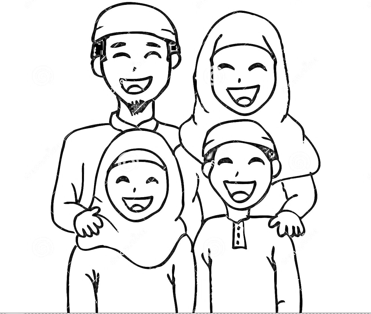 На раскраске изображено: Мусульманская семья, Отец, Хиджаб, Ислам