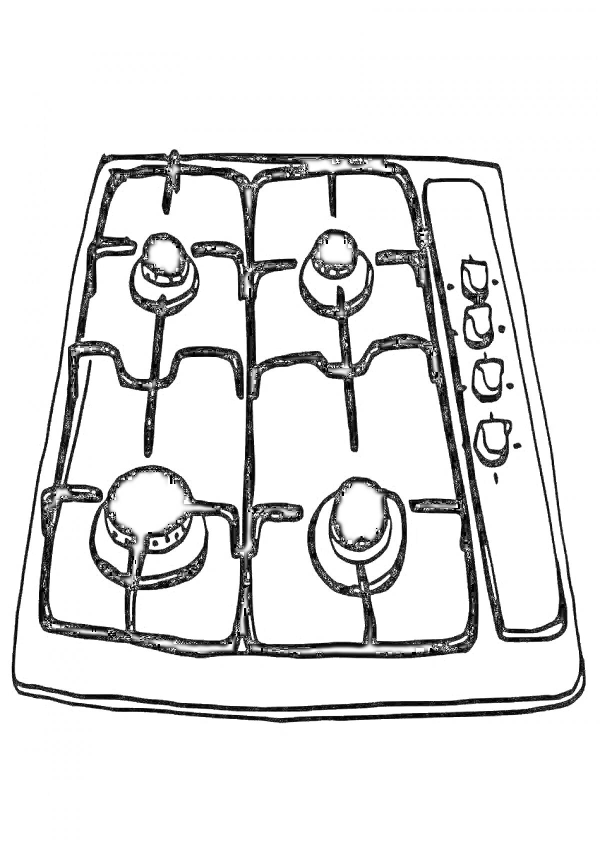 Раскраска Газовая плита с четырьмя конфорками и ручками управления