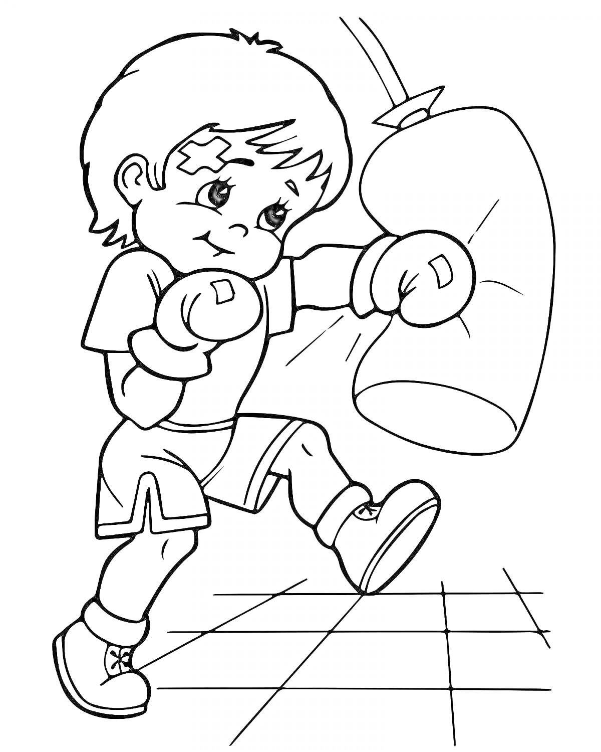На раскраске изображено: Бокс, Ребенок, Тренировка, Спорт, Физкультура, Перчатки, Спортивная одежда