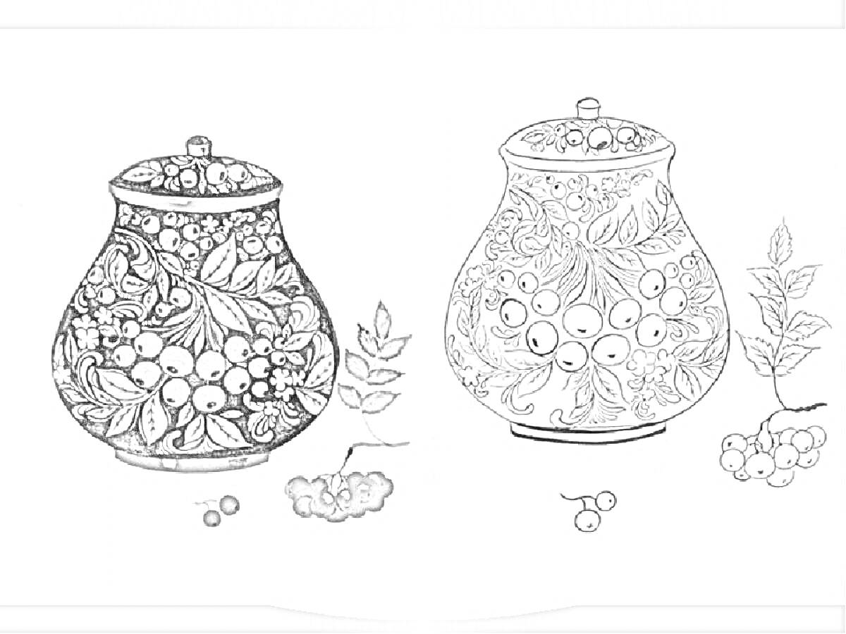 Раскраска в стиле Хохлома с изображением расписной вазы, веток и ягод рябины