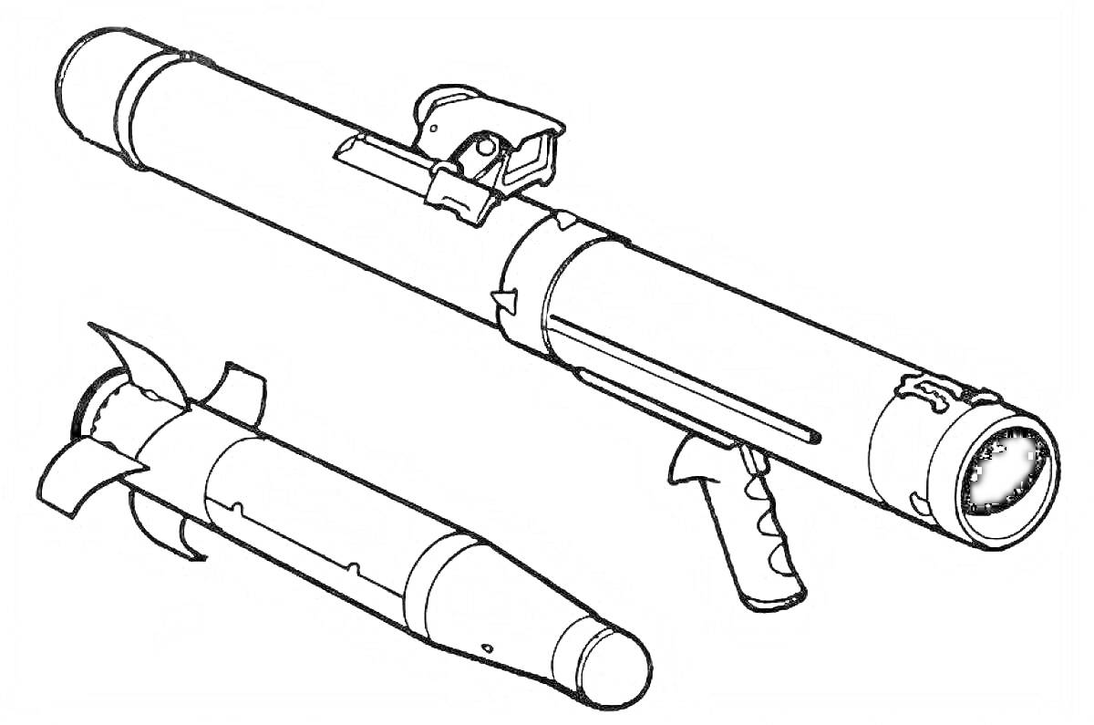 На раскраске изображено: Базука, Гранатомет, Ракета, Оружие, Военная техника
