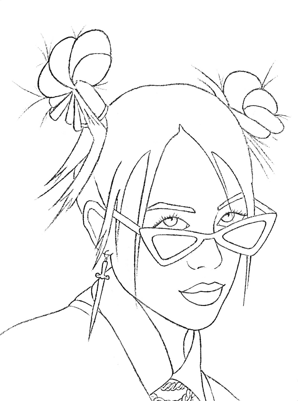 Раскраска Девушка с двумя пучками, в очках и длинной серёжкой, портрет