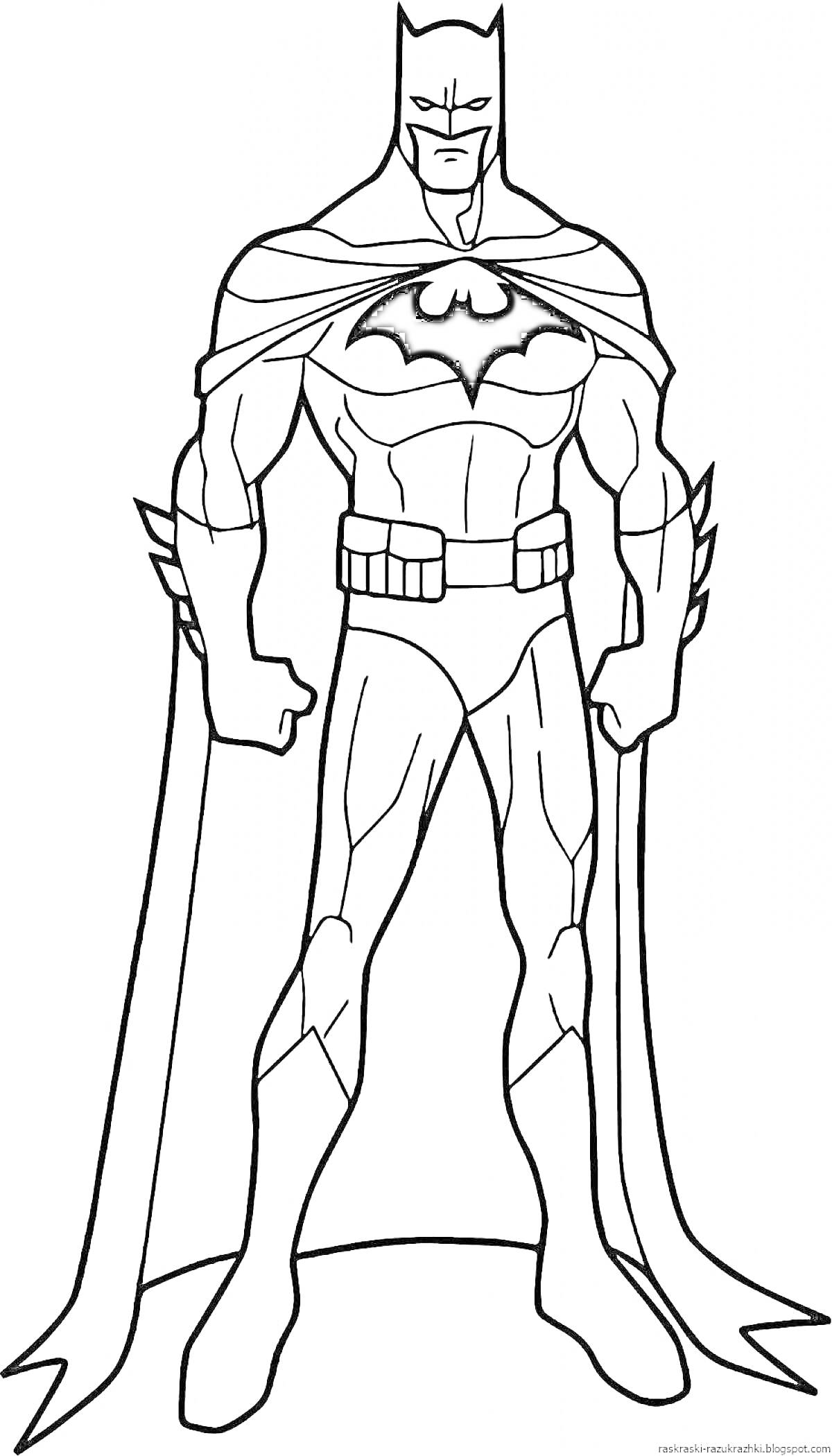 Раскраска Бэтмен в плаще, с поясом, стоящий в полный рост