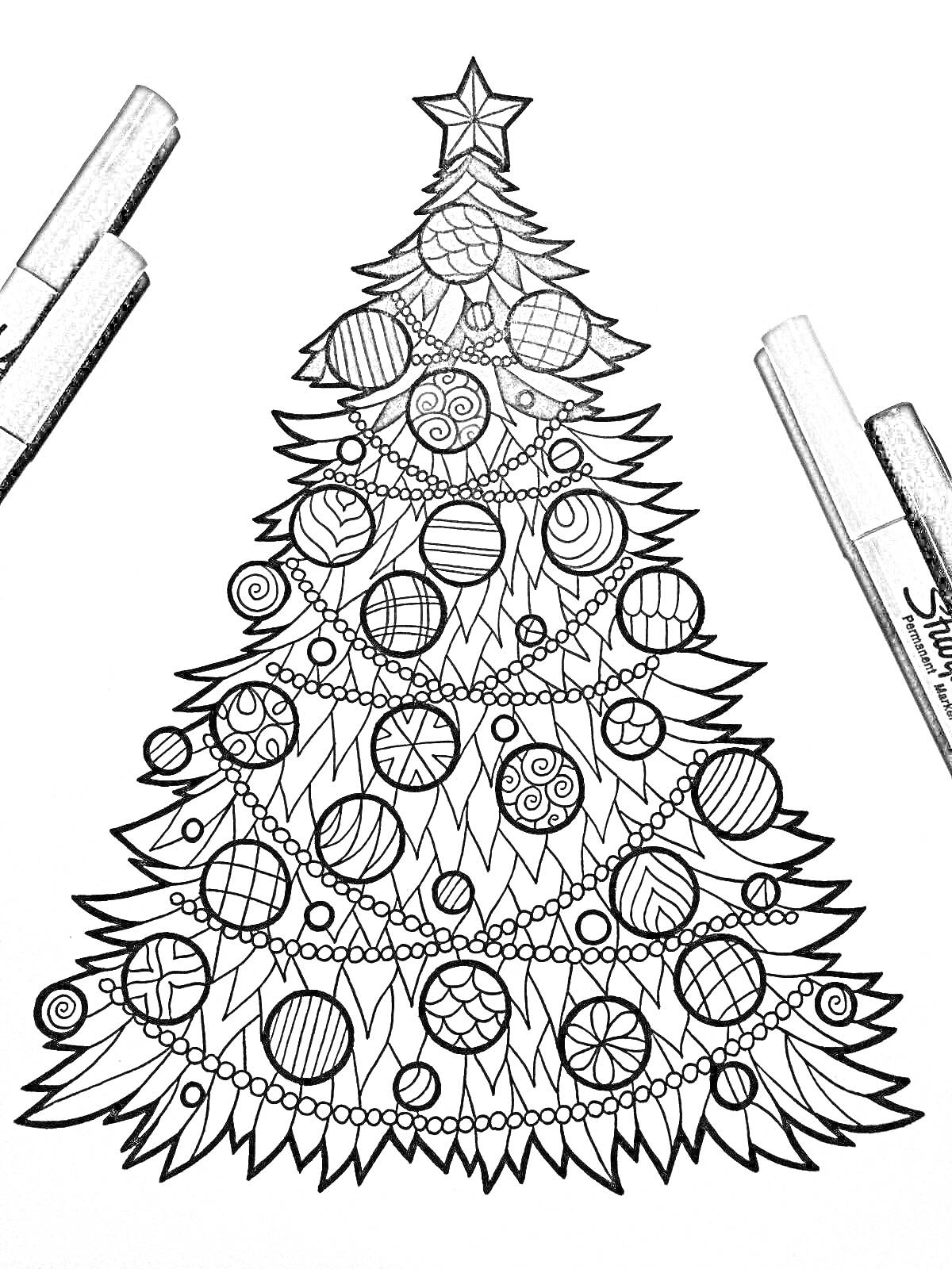Раскраска рождественская елка с украшениями и звездами, с фломастерами