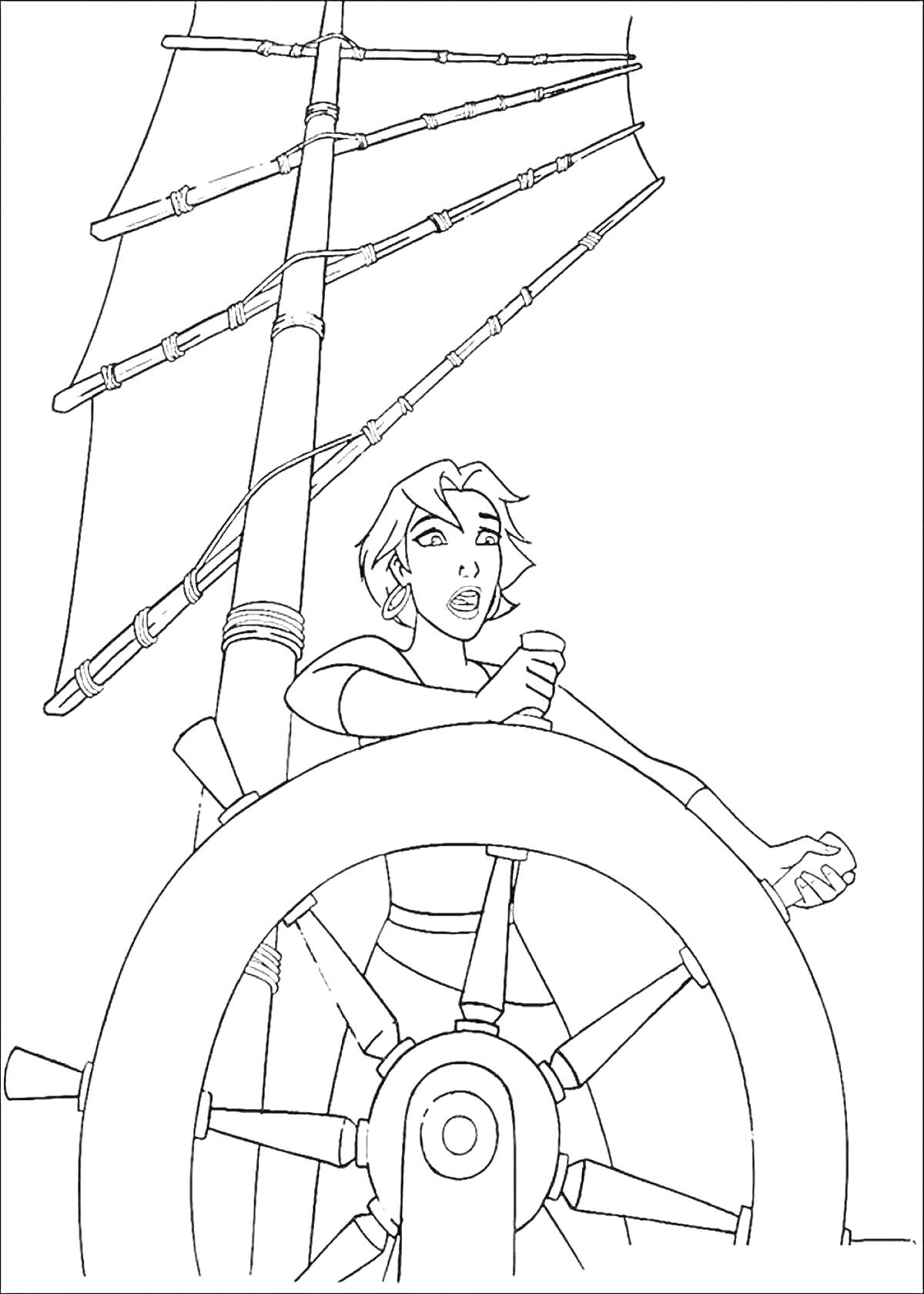 На раскраске изображено: Штурвал, Корабль, Мачта, Человек, Навигация