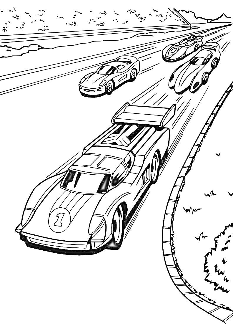 Гонка Хот Вилс на гоночной трассе с пятью автомобилями