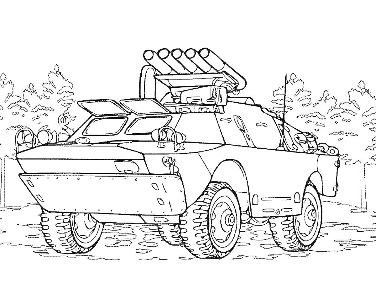 На раскраске изображено: Бронетранспортер, Военная техника, Вооружение, Колёса, Лес, Деревья, Российская техника