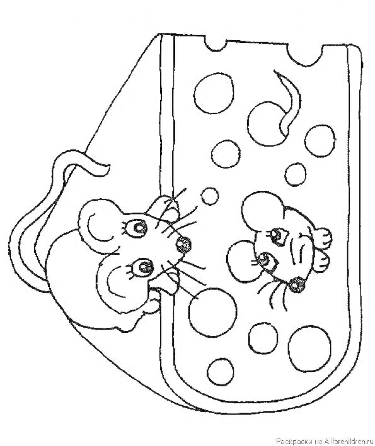Раскраска Две мышки с кусочком сыра