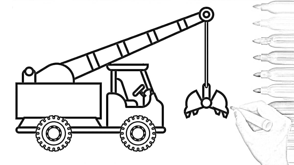 На раскраске изображено: Кран, Стрела, Колёса, Захват, Для детей, Строительная техника
