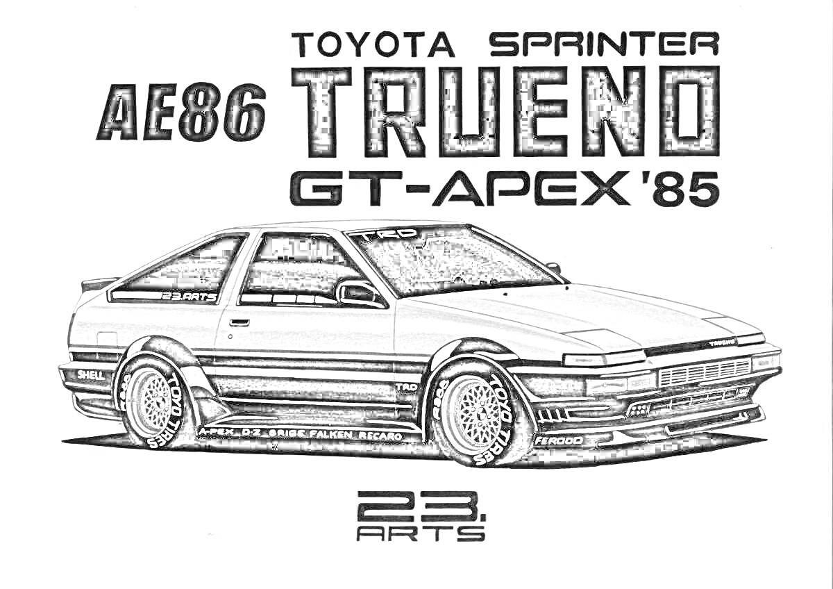 Раскраска Чёрно-белая раскраска с изображением автомобиля Toyota Sprinter Trueno AE86 GT-Apex '85, с текстами 